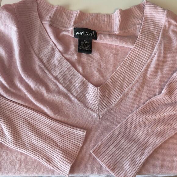 Wet Seal Y2K Pink V-Neck Long-Sleeve Fitted Layering Top Size XL Soft Preppy - Picture 5 of 9
